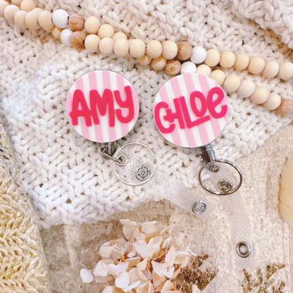 Personalised Striped Badge Reel & Buddy